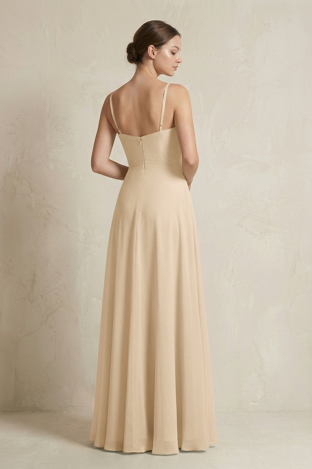A-Line Ruffled Spaghetti Strap Chiffon Bridesmaid Dress in Champagne