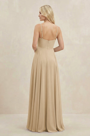 Champagne A-Line Spaghetti Strap Chiffon Bridesmaid Dress (2) | KISSBRIDAL