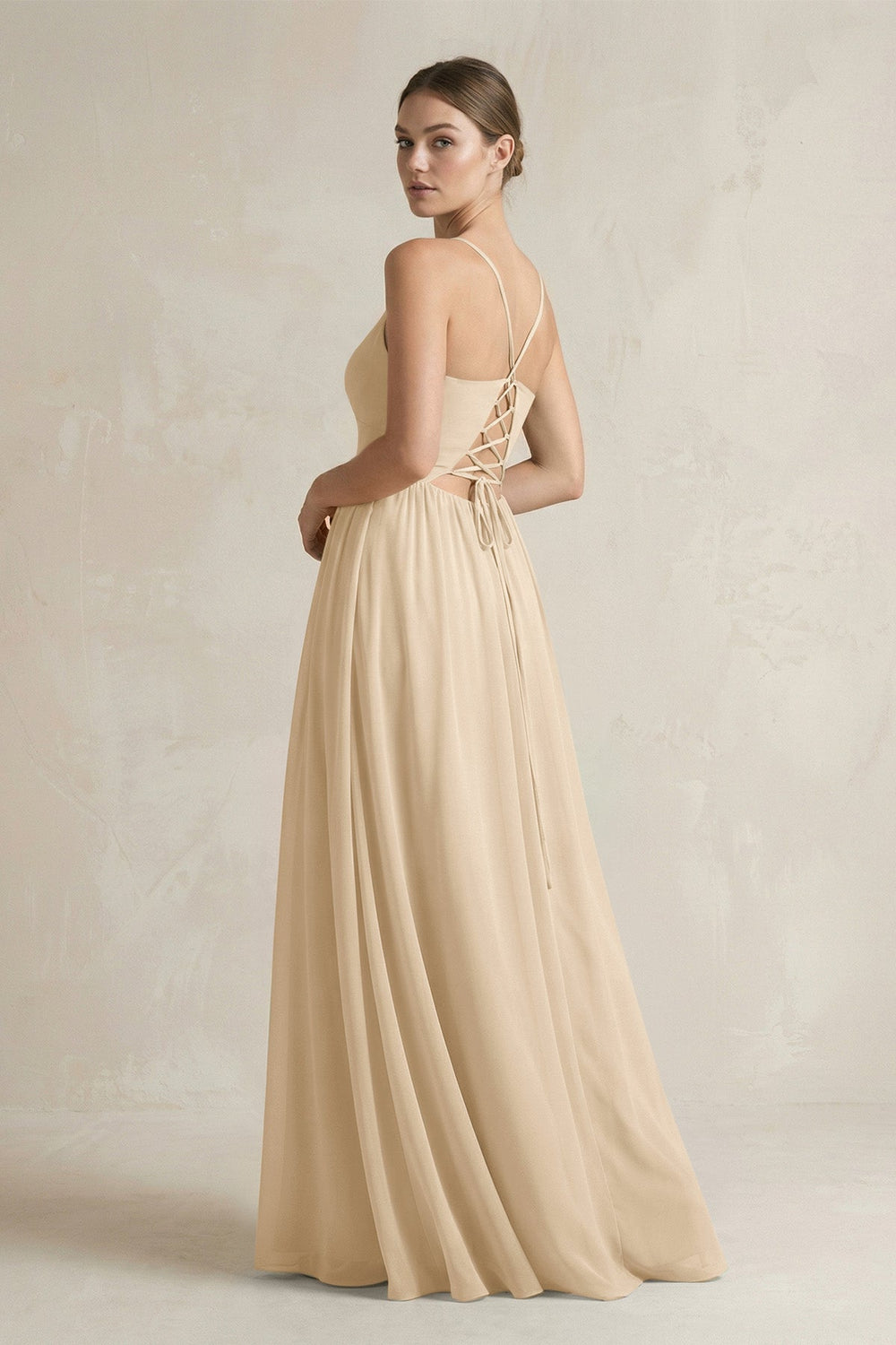 A-Line Spaghetti Strap Chiffon Bridesmaid Dress in Champagne