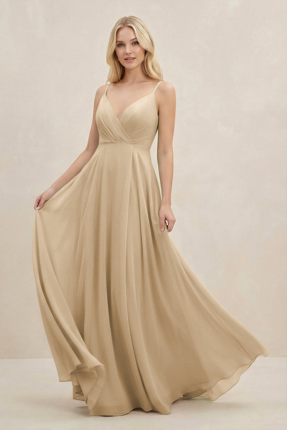 A-Line Spaghetti Strap Chiffon Bridesmaid Dress in Champagne