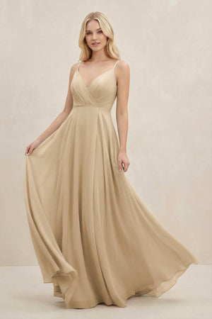Champagne A-Line Spaghetti Strap Chiffon Bridesmaid Dress | KISSBRIDAL
