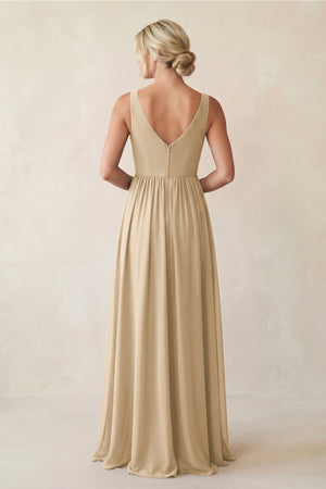 Champagne A-Line V-Neck Pleated Chiffon Bridesmaid Dress (2) | KISSBRIDAL