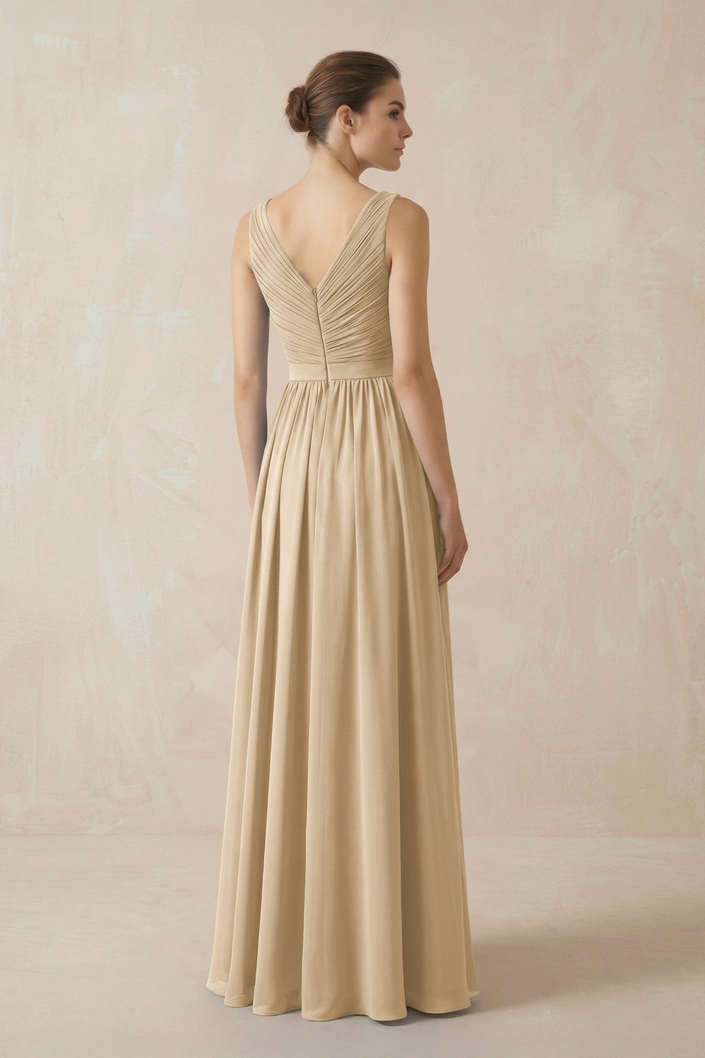 A-Line V-Neck Pleated Chiffon Bridesmaid Dress in Champagne