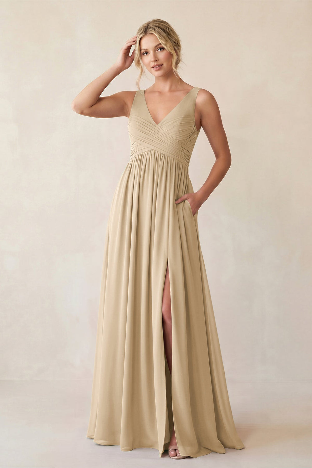 A-Line V-Neck Pleated Chiffon Bridesmaid Dress in Champagne