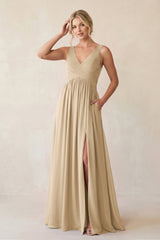Champagne A-Line V-Neck Pleated Chiffon Bridesmaid Dress | KISSBRIDAL