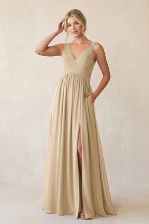 Champagne A-Line V-Neck Pleated Chiffon Bridesmaid Dress | KISSBRIDAL