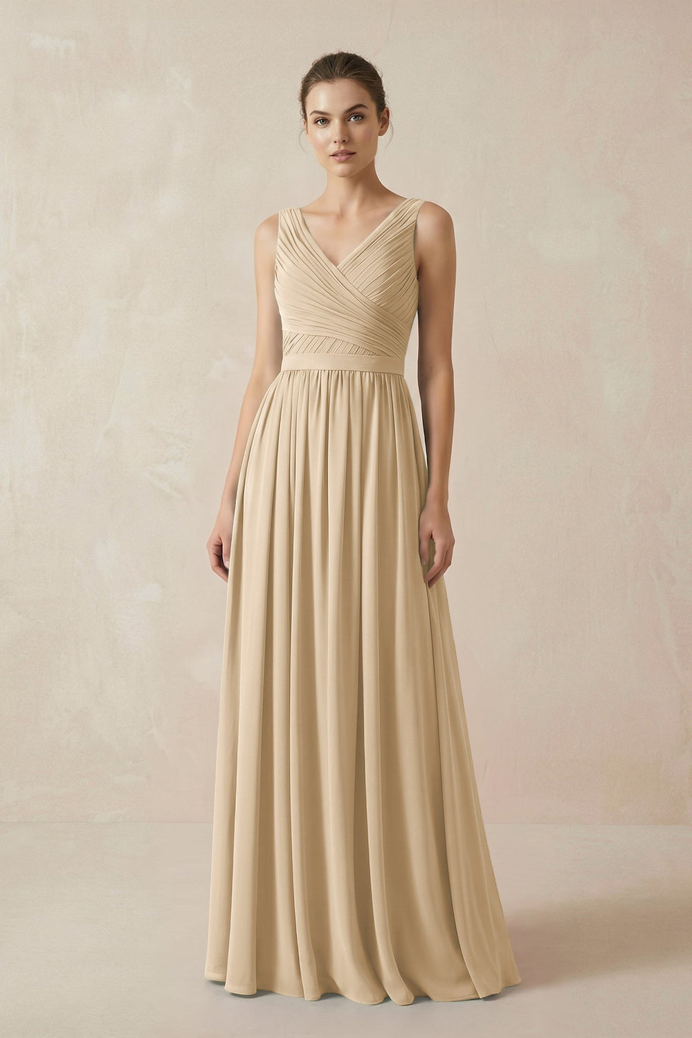 A-Line V-Neck Pleated Chiffon Bridesmaid Dress in Champagne