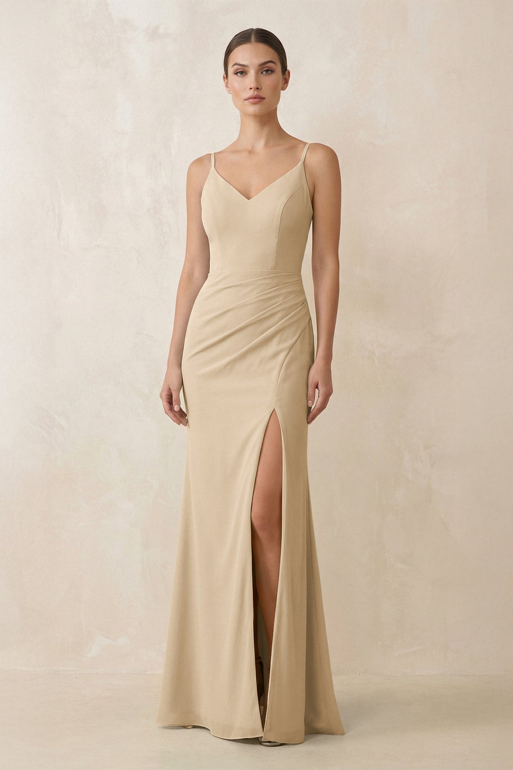 Cami Strap Chiffon Sheath Bridesmaid Gown in Champagne