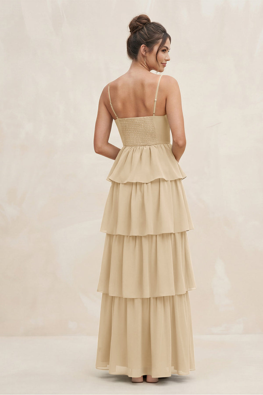 Cami Strap Tiered A-Line Chiffon Bridesmaid Dress in Champagne