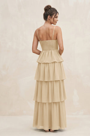 Champagne Cami Strap Tiered A-Line Chiffon Bridesmaid Dress (2) | KISSBRIDAL
