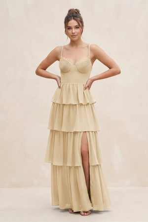 Champagne Cami Strap Tiered A-Line Chiffon Bridesmaid Dress | KISSBRIDAL