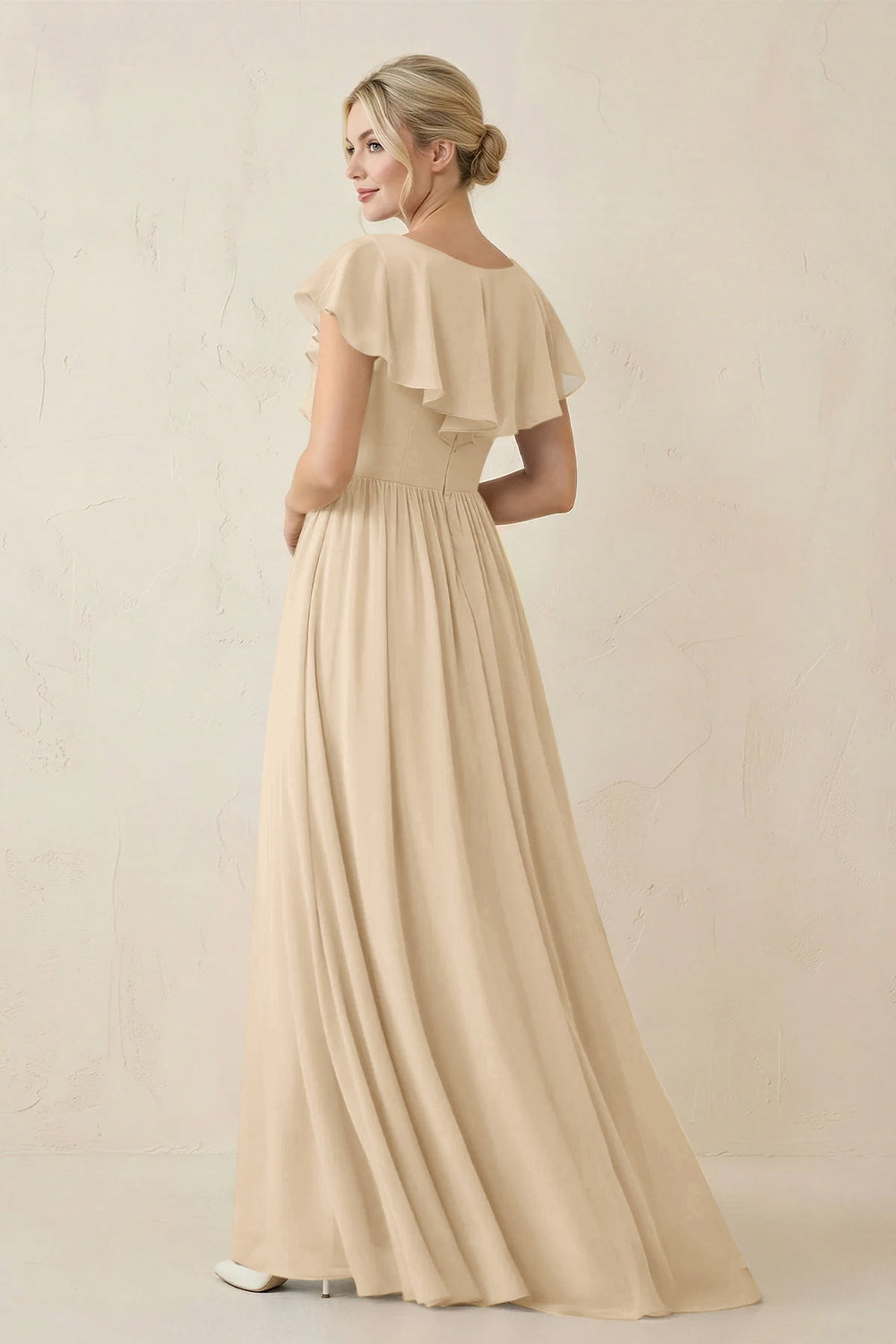 Cap Sleeve A-Line Ruffled Chiffon Bridesmaid Dress in Champagne