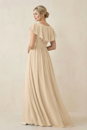 Champagne Cap Sleeve A-Line Ruffled Chiffon Bridesmaid Dress (2) | KISSBRIDAL
