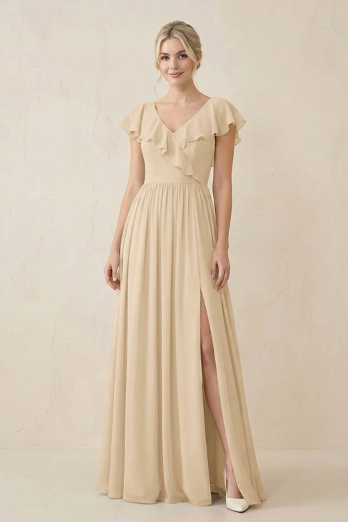 Champagne Cap Sleeve A-Line Ruffled Chiffon Bridesmaid Dress | KISSBRIDAL