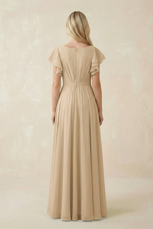 Champagne Cap Sleeve Ruffled A-Line Chiffon Bridesmaid Dress (2) | KISSBRIDAL