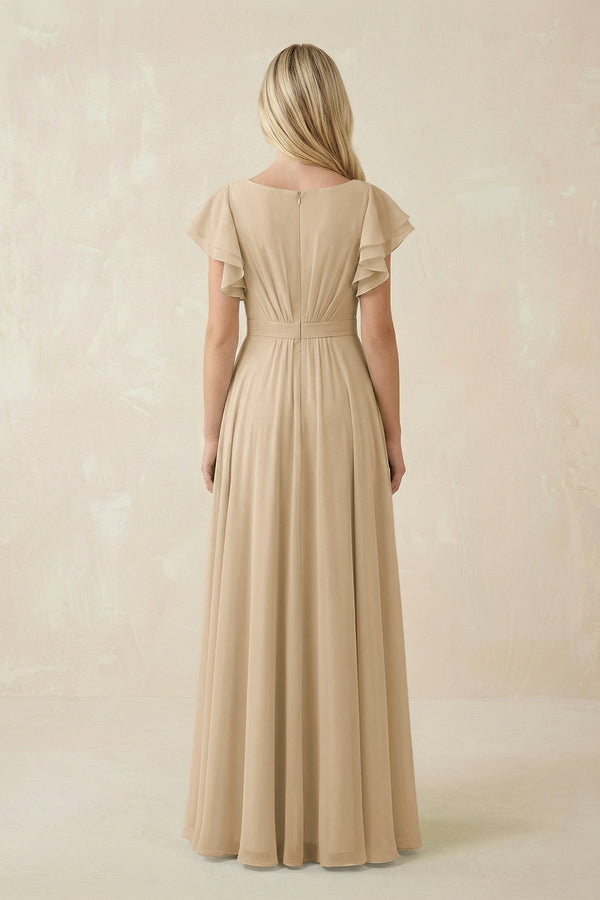 Champagne Cap Sleeve Ruffled A-Line Chiffon Bridesmaid Dress (2) | KISSBRIDAL