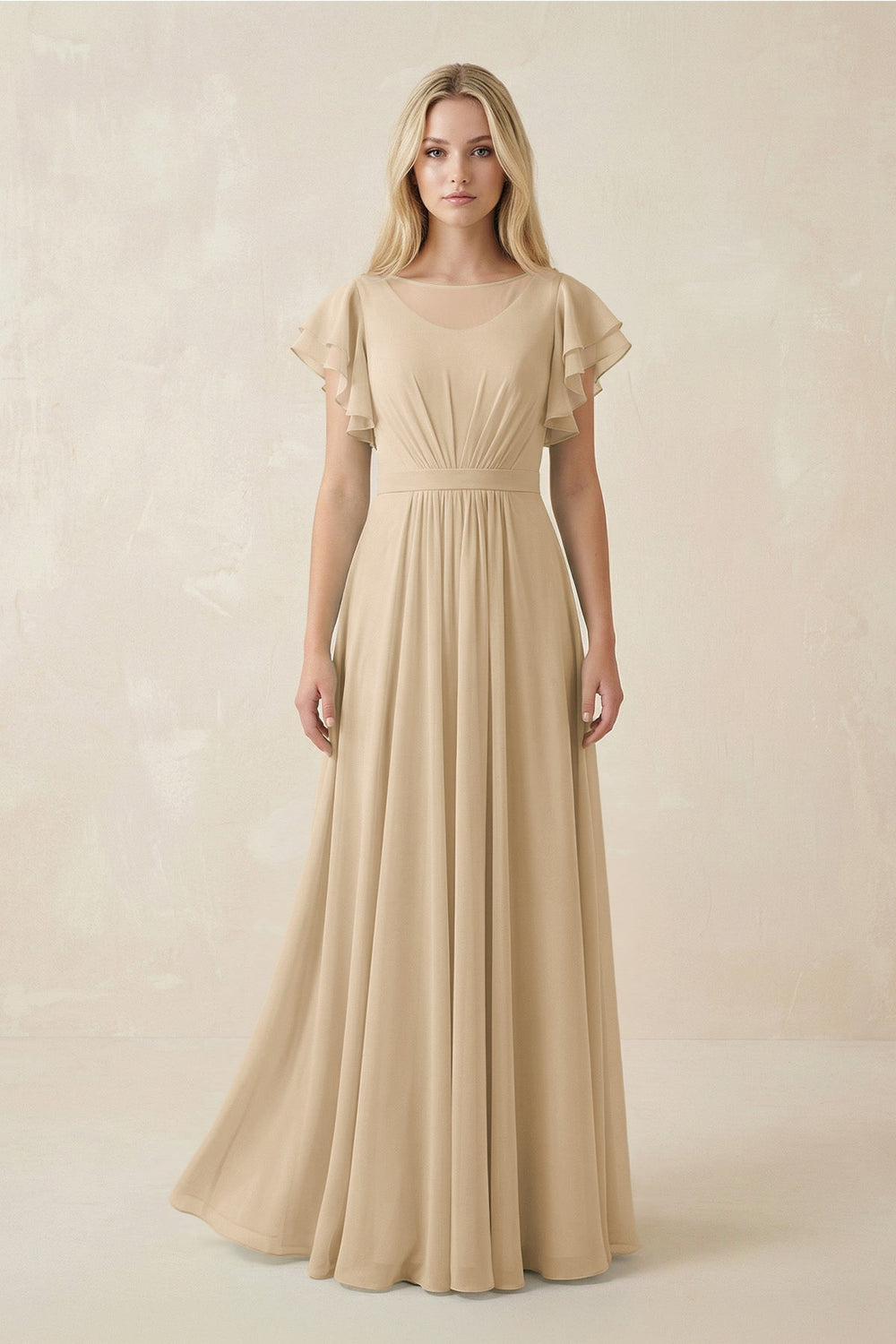 Cap Sleeve Ruffled A-Line Chiffon Bridesmaid Dress in Champagne