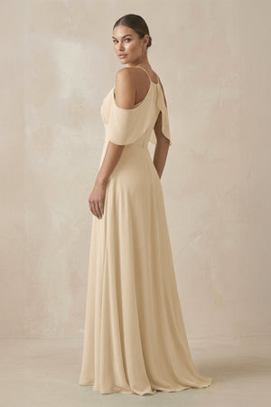 Champagne Chiffon A-Line Long Bridesmaid Dress (2) | KISSBRIDAL