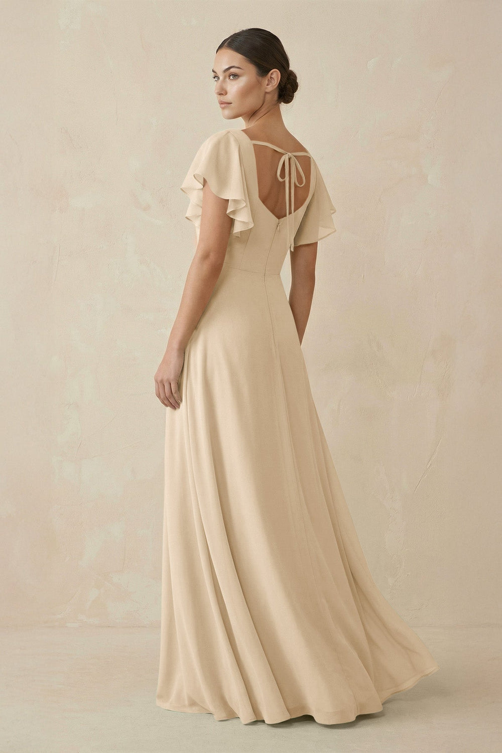 Chiffon A-Line Long Bridesmaid Dress with Flutter Sleeves in Champagne