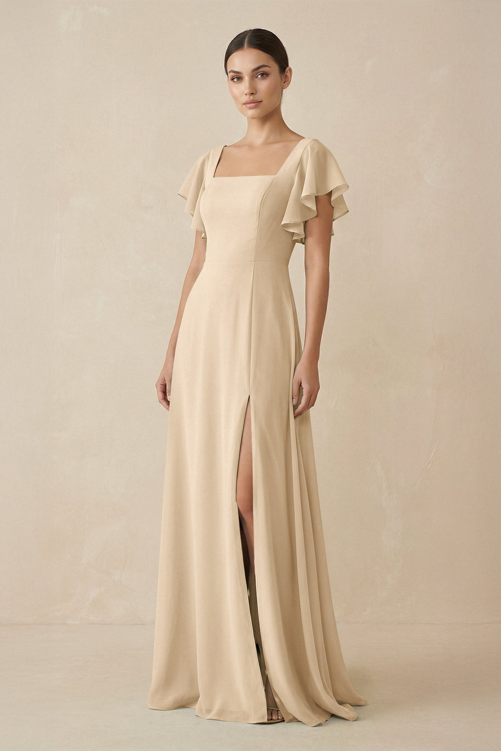 Chiffon A-Line Long Bridesmaid Dress with Flutter Sleeves in Champagne