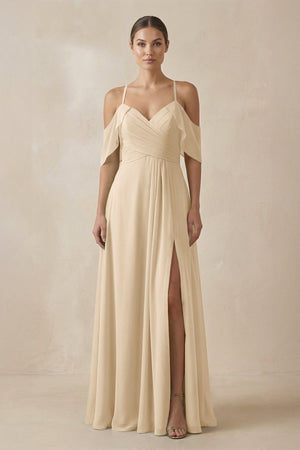 Champagne Chiffon A-Line Long Bridesmaid Dress | KISSBRIDAL