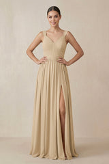 Champagne Chiffon A-Line Pleated Bridesmaid Dress | KISSBRIDAL