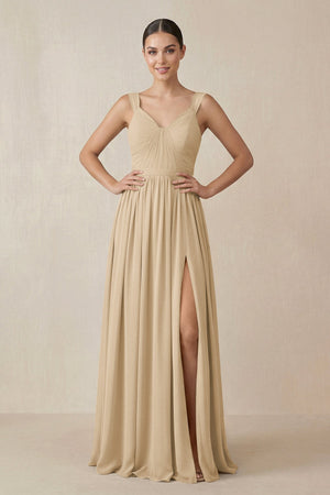 Champagne Chiffon A-Line Pleated Bridesmaid Dress | KISSBRIDAL