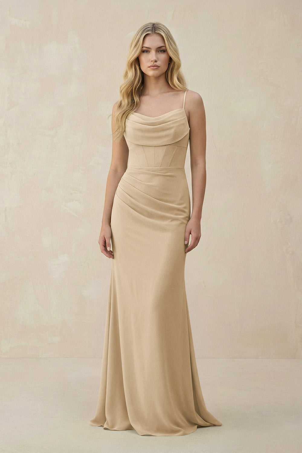 Cowl Neck Sheath Chiffon Bridesmaid Dress with Corset in Champagne