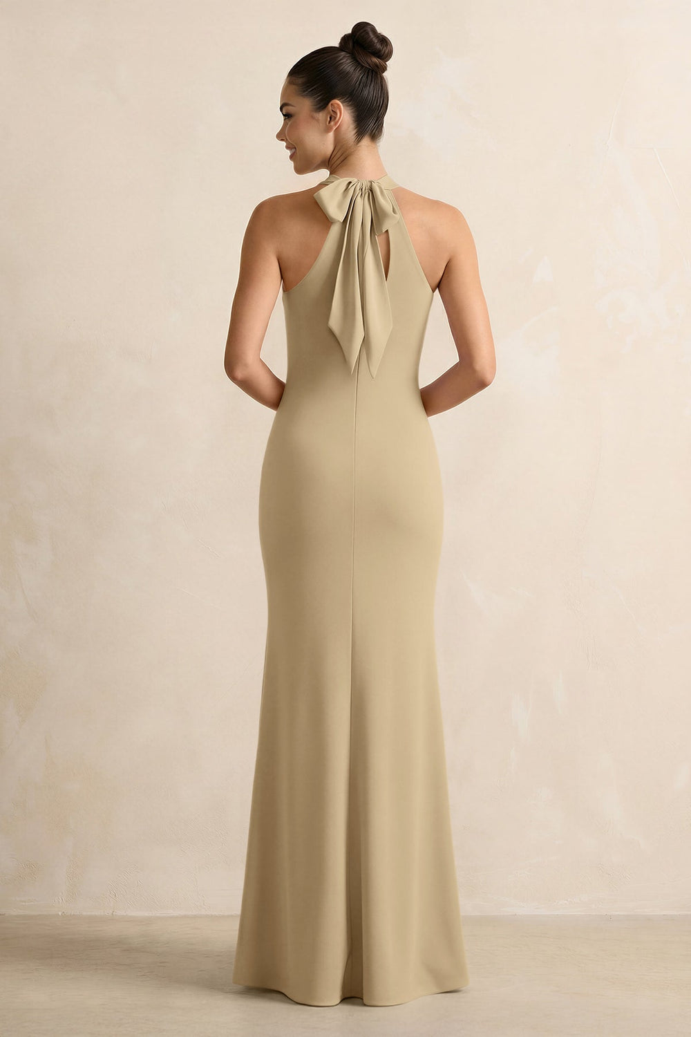 Crisscross Halter Sheath Satin Bridesmaid Dress with Bow in Champagne