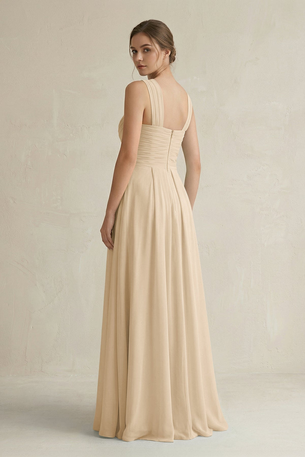 Cross Halter Chiffon A-Line Pleated Bridesmaid Dress in Champagne
