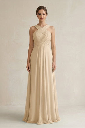Champagne Cross Halter Chiffon A-Line Pleated Bridesmaid Dress | KISSBRIDAL