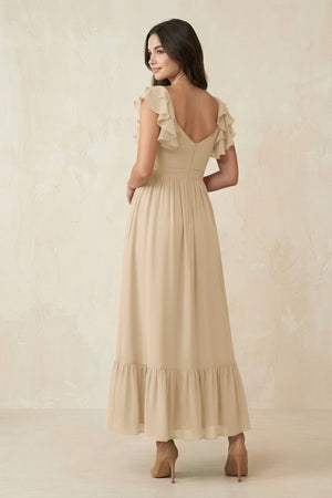 Champagne Flutter Sleeve Sweetheart A-Line Chiffon Bridesmaid Dress (2) | KISSBRIDAL