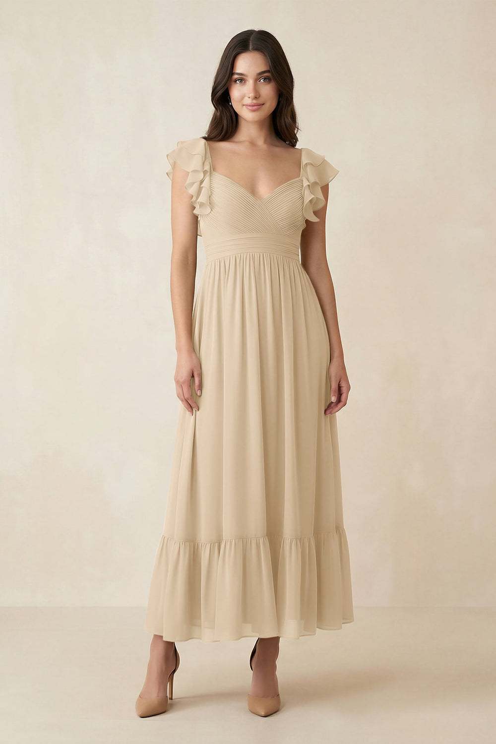 Flutter Sleeve Sweetheart A-Line Chiffon Bridesmaid Dress in Champagne