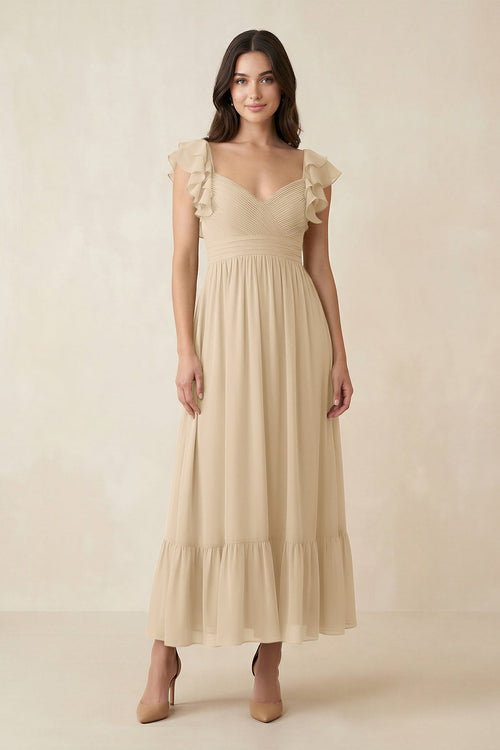 Champagne Flutter Sleeve Sweetheart A-Line Chiffon Bridesmaid Dress | KISSBRIDAL
