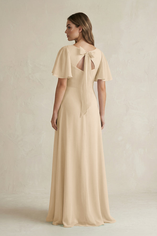 Champagne Flutter Sleeve V-Neck A-Line Chiffon Bridesmaid Dress (2) | KISSBRIDAL