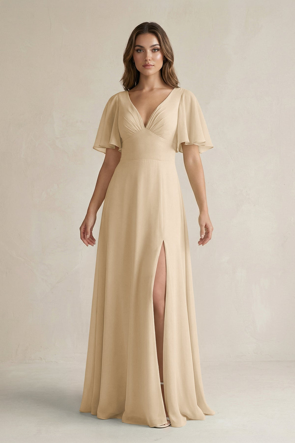 Flutter Sleeve V-Neck A-Line Chiffon Bridesmaid Dress in Champagne