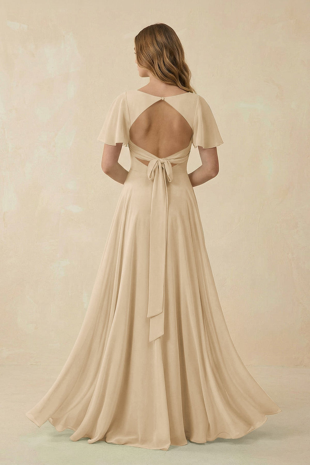 Flutter Sleeve V-Neck Chiffon A-Line Bridesmaid Dress in Champagne