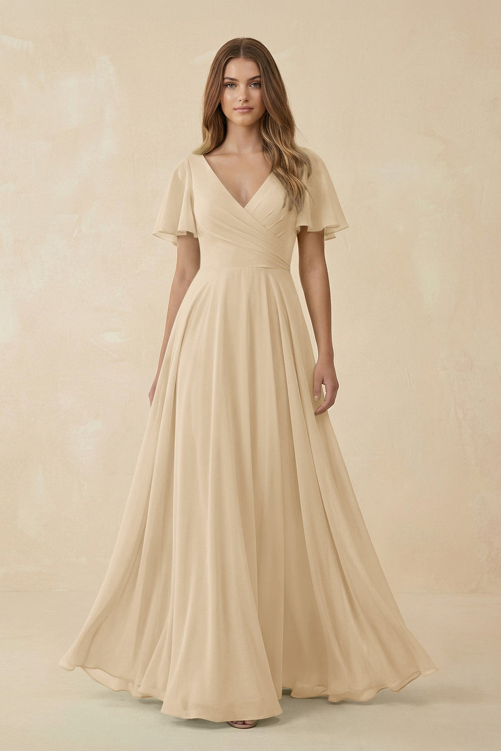 Flutter Sleeve V-Neck Chiffon A-Line Bridesmaid Dress in Champagne
