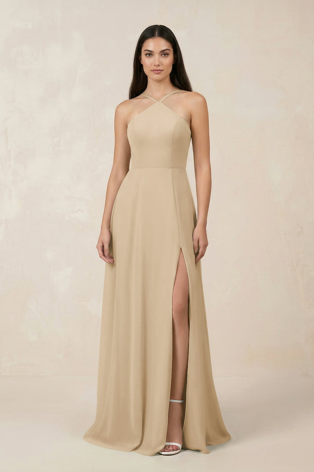 Halter Chiffon A-Line Bridesmaid Dress With Slit in Champagne