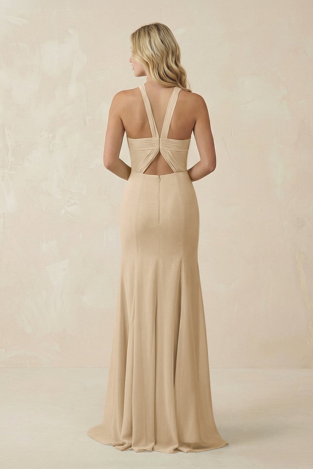 Halter Chiffon Mermaid Ruched Bridesmaid Dress in Champagne