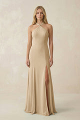 Champagne Halter Chiffon Mermaid Ruched Bridesmaid Dress | KISSBRIDAL