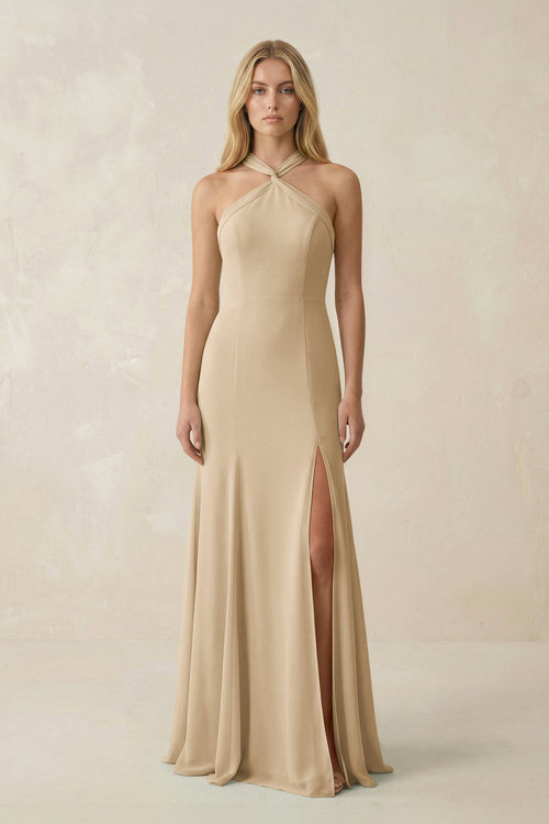 Champagne Halter Chiffon Mermaid Ruched Bridesmaid Dress | KISSBRIDAL
