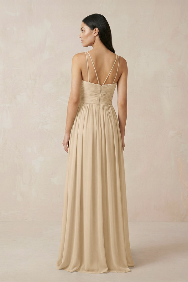 Champagne Halter Neck A-Line Chiffon Bridesmaid Dress (2) | KISSBRIDAL