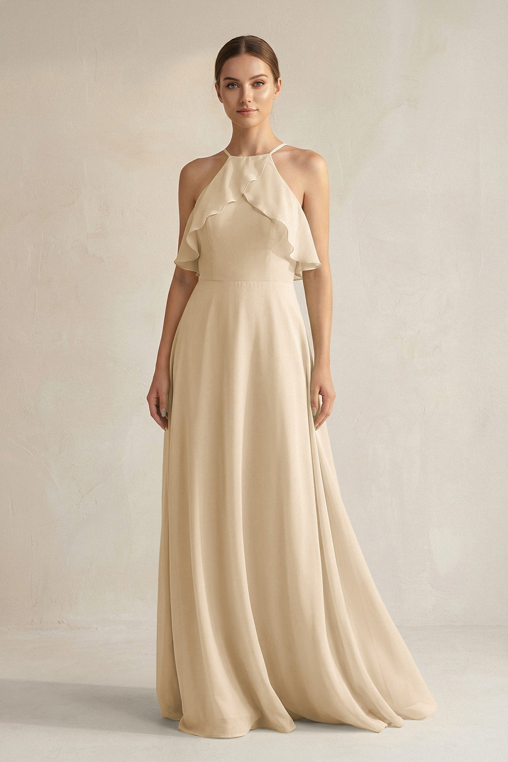Halter Neck A-Line Chiffon Bridesmaid Dress with Keyhole in Champagne