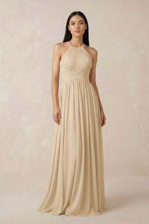 Champagne Halter Neck A-Line Chiffon Bridesmaid Dress | KISSBRIDAL