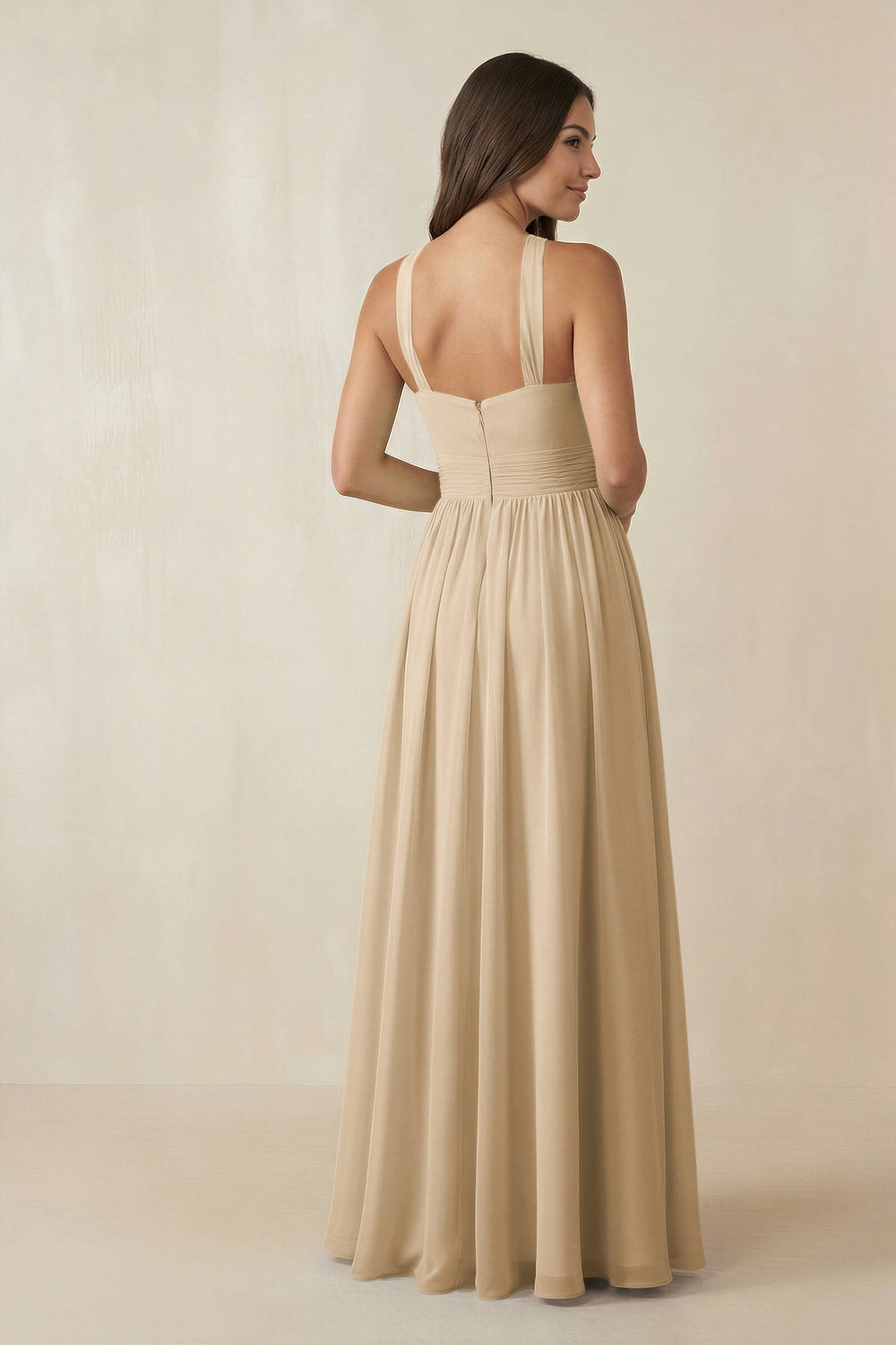 Halter Neck Ruched A-Line Chiffon Bridesmaid Dress in Champagne