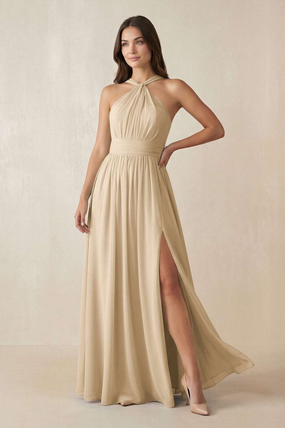 Halter Neck Ruched A-Line Chiffon Bridesmaid Dress in Champagne