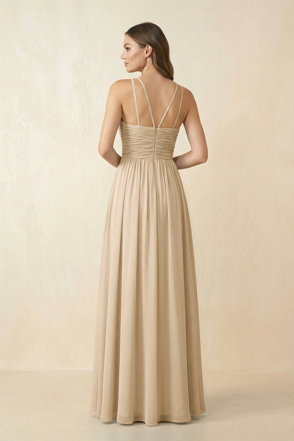 Champagne Halter Pleated A-Line Chiffon Bridesmaid Dress (2) | KISSBRIDAL