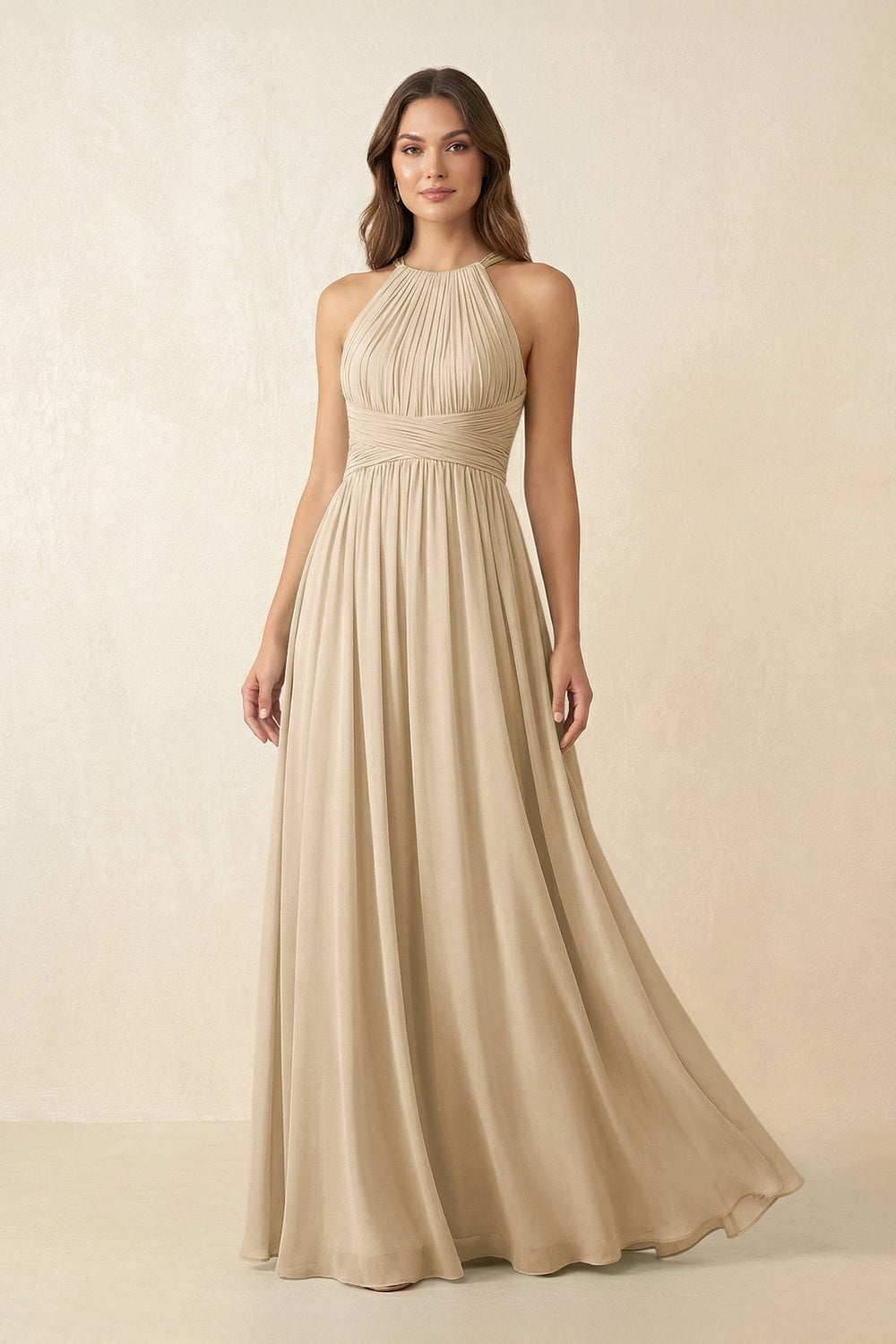 Halter Pleated A-Line Chiffon Bridesmaid Dress in Champagne