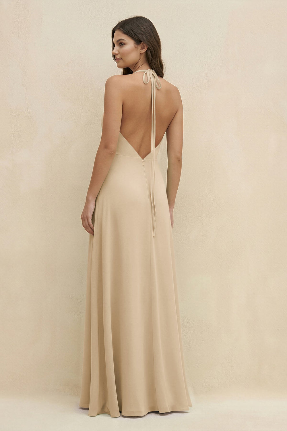 Halter Sheath Long Chiffon Bridesmaid Dress in Champagne